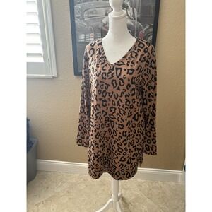 Tickled Teal Womens Medium Tunic Shirt Top Long Sleeves Leopard Tan Black